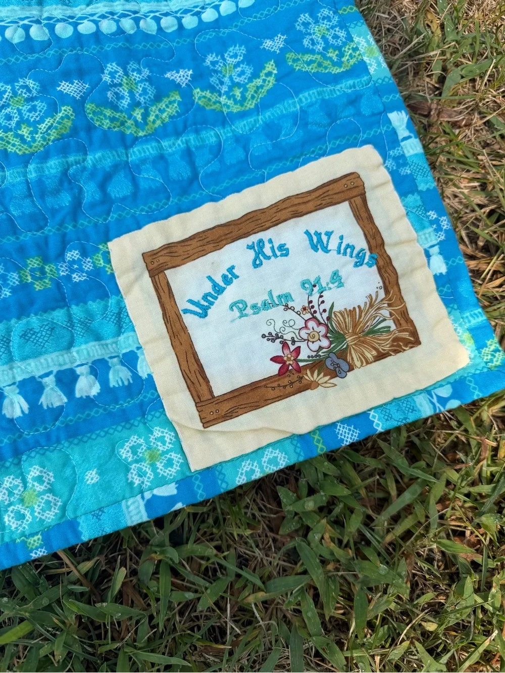 Handmade Psalm 91:4 Blue Floral Quilt 80x54